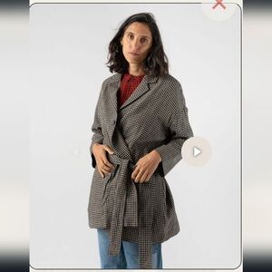 Ichi Antiquites wool linen swing coat with belt black natural gingham OS…